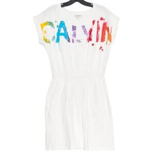 Calvin Klein Dress Spell Out Boho Grunge Artsy Punk Retro Hippie White Medium